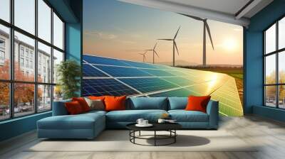 solar power plant with wind turbines at sunset under a blue sky Wall mural