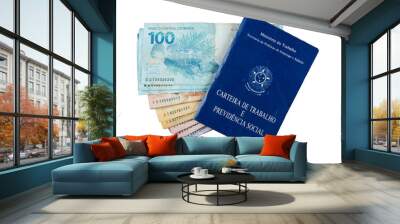 Brazilian work card on top of brazil money banknotes. png transparent background Wall mural