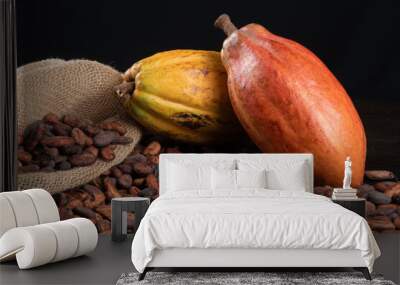 Cocoa fruits and raw cocoa beans on the table with black background Wall mural