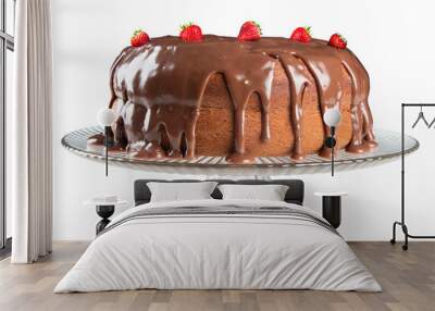 Homemade chocolate cake with icing and strawberries. png transparent background Wall mural