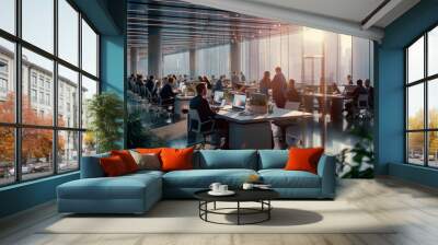 People working in a modern office with large windows located in the financial district. Corporate architecture Wall mural