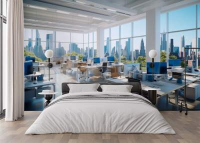 Very bright modern open office without people with large windows from which you can see large buildings. Corporate architecture Wall mural