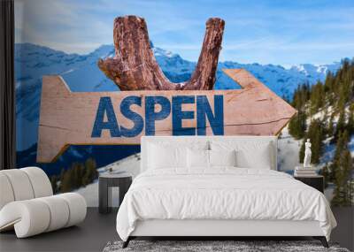 aspen wooden sign with alps background Wall mural