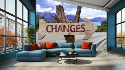 Changes wooden sign with landscape background Wall mural