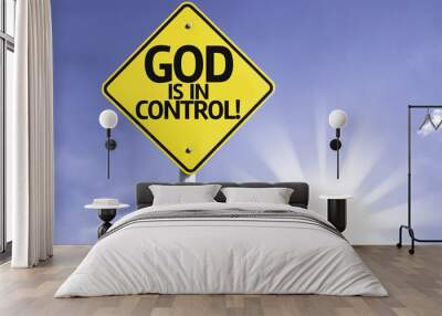 God is in Control road sign with sun background Wall mural