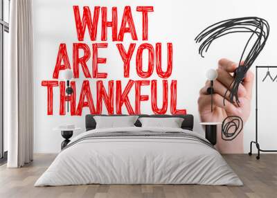 Hand with marker writing: What Are You Thankful For? Wall mural