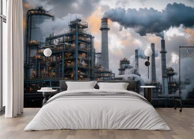 A large industrial plant with smoke rising from multiple chimneys, creating a dramatic scene against the evening sky. Pipes and metal structures dominate the complex environment Wall mural