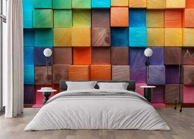 Abstract geometric rainbow colors colored wooden square cubes texture wall background banner illustration panorama long, textured wood wallpaper Wall mural