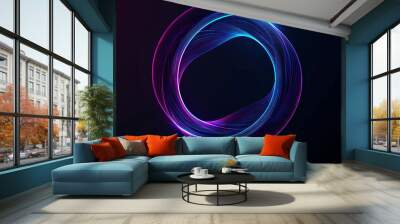 Abstract neon light ring in purple and blue hues on dark background. Futuristic technology concept. Wallpaper and background design Wall mural