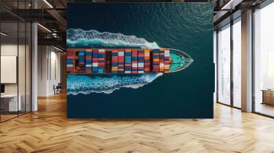 Aerial view from drone, Container ship or cargo shipping business logistic import and export freight transportation by container ship in the open sea, freight ship boat. Generative AI Wall mural