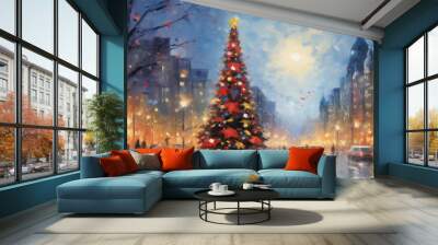 Beautiful Festive Christmas painted city background with holiday lights. Christmas city. Painting. Painting with oil paints Wall mural