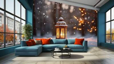 Christmas decoration with a lantern in the snow in a winter park with beautiful bokeh Wall mural