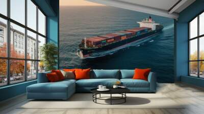 Container ship or cargo shipping business logistic import and export freight transportation by container ship in the open sea, freight ship boat. Generative AI Wall mural