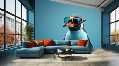 cool penguins face with sunglasses, empty copy space for text, pastel blue studio background. Generative AI. Wall mural