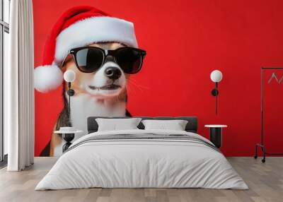 Dog wearing Santa hat and black sunglasses on a red background. Studio pet portrait. Christmas and festive holiday concept. Design for greeting card, invitation, postcard, banner, poster Wall mural