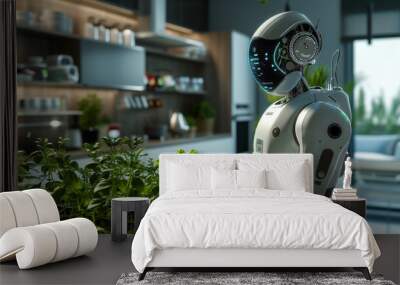 Domestic Robot Tending to Indoor Herb Garden. A domestic robot with a digital face is gently caring for an indoor herb garden, suggesting a blend of technology and sustainable living.
 Wall mural