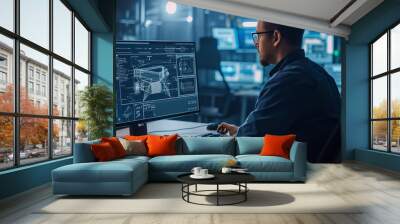 Engineer Working on 3D CAD Design in Night Office. Focused engineer analyzing complex 3D CAD design on a computer screen in a night high-tech office environment. Wall mural