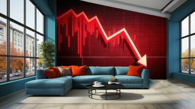 Financial crisis down, red arrow economy business graph on money crash market background with bankruptcy decrease bad finance chart diagram or loss investment economic recession. Generative AI. Wall mural