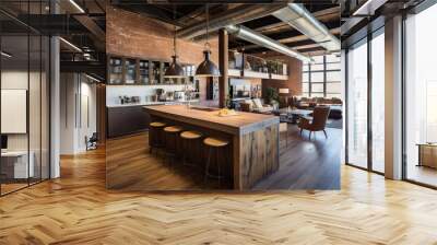 Industrial Design: Exposed brick, metal, and reclaimed wood featuring prominently in urban loft spaces Wall mural