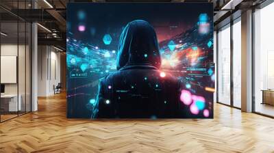 Metaverse digital cyber world technology concept, success working with his team as a concept with virtual digital dashboard interface. Generative AI Wall mural