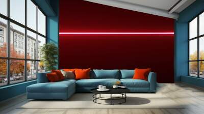 Red Laser Beam on Black. A striking red light flare streaks across a dark expanse, illustrating motion, energy, and high-speed technology. Wall mural