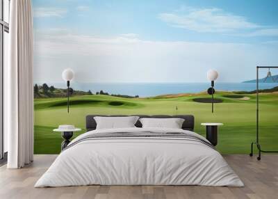 Seaside Golf Course with Rolling Hills and Blue Sky. Generative AI. Wall mural