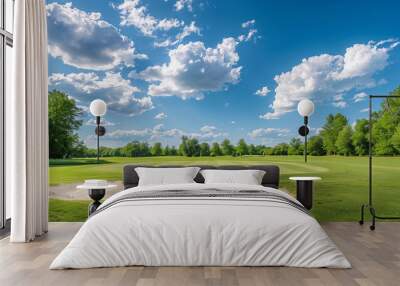 Serene Golf Course on Sunny Day. Wide-angle shot of a tranquil golf course featuring a pristine sand bunker, lush greenery, and a clear blue sky with fluffy clouds. Wall mural