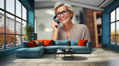 Smiling mature woman having phone conversation. Generative AI. Wall mural