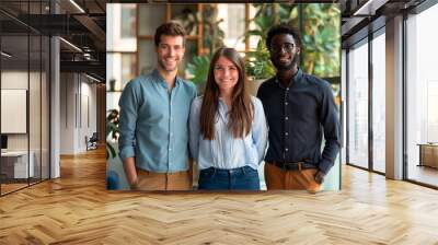 Three smiling young professionals standing together in a modern office with plants. Teamwork and diversity concept Wall mural