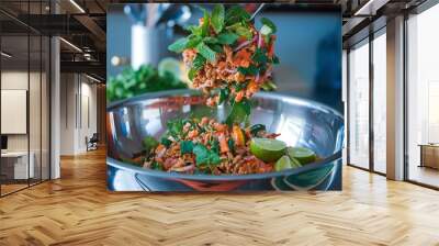 A metal spoon scoops a mixture of ground meat, vegetables, and fresh herbs into a silver bowl. Wall mural