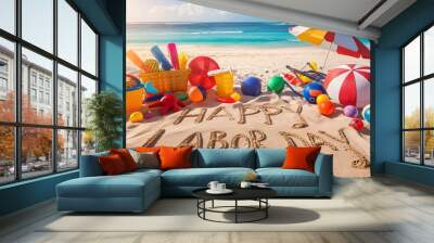 A scenic beach scene with a Happy Labor Day sign in the sand, Labor day Wall mural