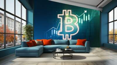 Bitcoin Symbol with a Rising Financial Graph and Upward Arrows Wall mural