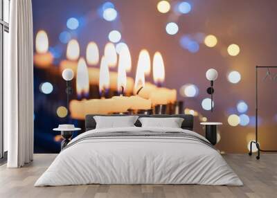 Blue and White Hanukkah Banner with Dreidels and Candles Wall mural