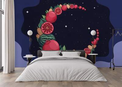 Crescent moon shape made of pomegranates and watermelon on blue night sky background with stars. Wall mural