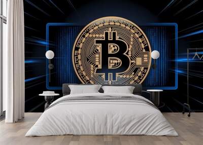 Golden Bitcoin Emerging from Cyberspace Surrounded by Binary Code Wall mural