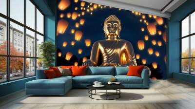 Golden Buddha statue with glowing lanterns in the night sky. Wall mural