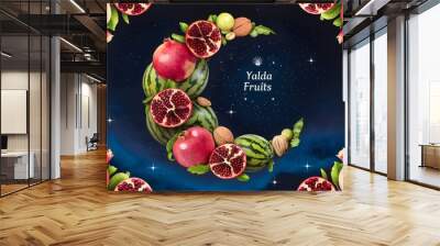 Pomegranate, watermelon, almonds, and pistachios arranged in a crescent moon shape against a night sky background. Wall mural