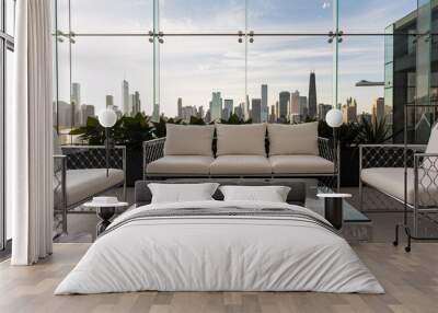 Sleek Living Room with Glass Coffee Table and Metal-Framed Sofa Wall mural