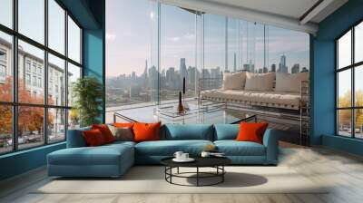 Sleek Living Room with Glass Coffee Table and Metal-Framed Sofa Wall mural