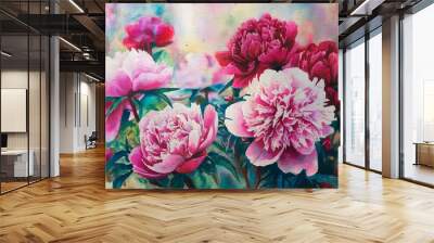 Watercolor painting of pink and red peonies in bloom. Wall mural