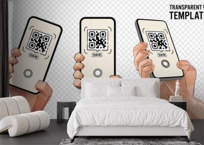  Vector cartoon hand holding the black smartphone with a sample QR code on the screen - modern smartphone frameless design and polygonal sketch style - template for mobile app or internet shop link Wall mural