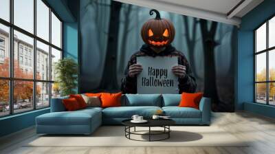 A man with a pumpkin for a head holds a sign that reads “Happy Halloween” in a mysterious, dark forest. A perfect shot for themes related to Halloween, autumn, and mystery. Wall mural