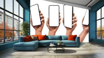 A set of female hands with a smartphone featuring a frameless screen. 6 available positions that you can use for your project. A template for a mobile application or advertisement Wall mural