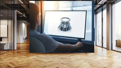 An engineer designs machine components on a computer using CAD software at a company manufacturing machines for the industry. Wall mural