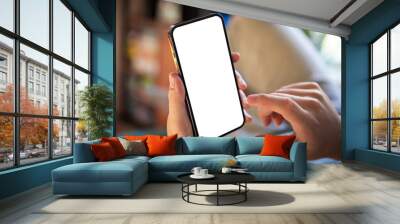 Man using smartphone blank screen frameless modern design while lying on the sofa in home interior - vertical position Wall mural