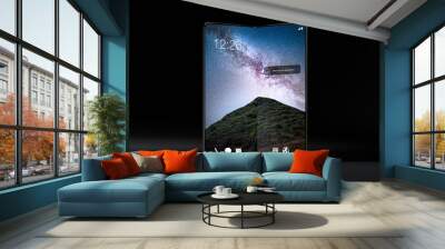 Smartphone with fold feature - modern construction, future of modern smartphones or tablets, wallpaper with galaxy, milky way in mountains	 Wall mural