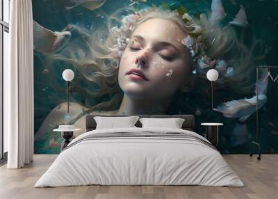 A beautiful woman with long hair artistic painting of her experiencing bliss, content and a dreamlike state, meditation under the water, amazing feeling, happiness and euphoria, portrait close up Wall mural