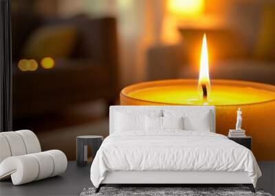 A candle is lit in a room with a couch and a chair Wall mural