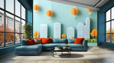 A cityscape with paper buildings and lanterns hanging from the ceiling Wall mural