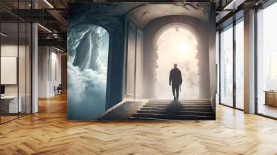 A man standing at the entrance to the light at the end of a long mysterious cave tunnel, ready for what's on the other side of death or life Wall mural